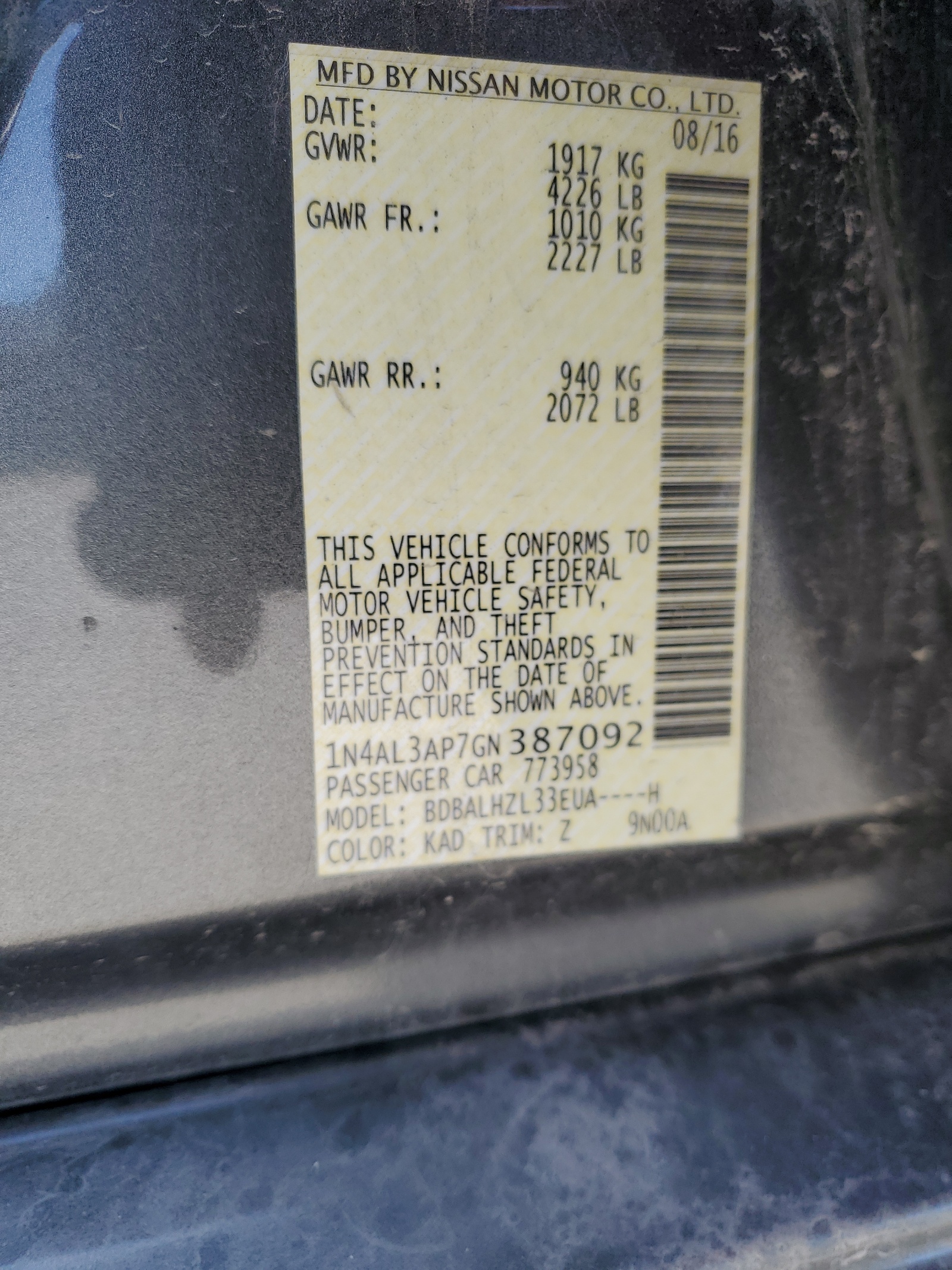 1N4AL3AP7GN387092 2016 Nissan Altima 2.5