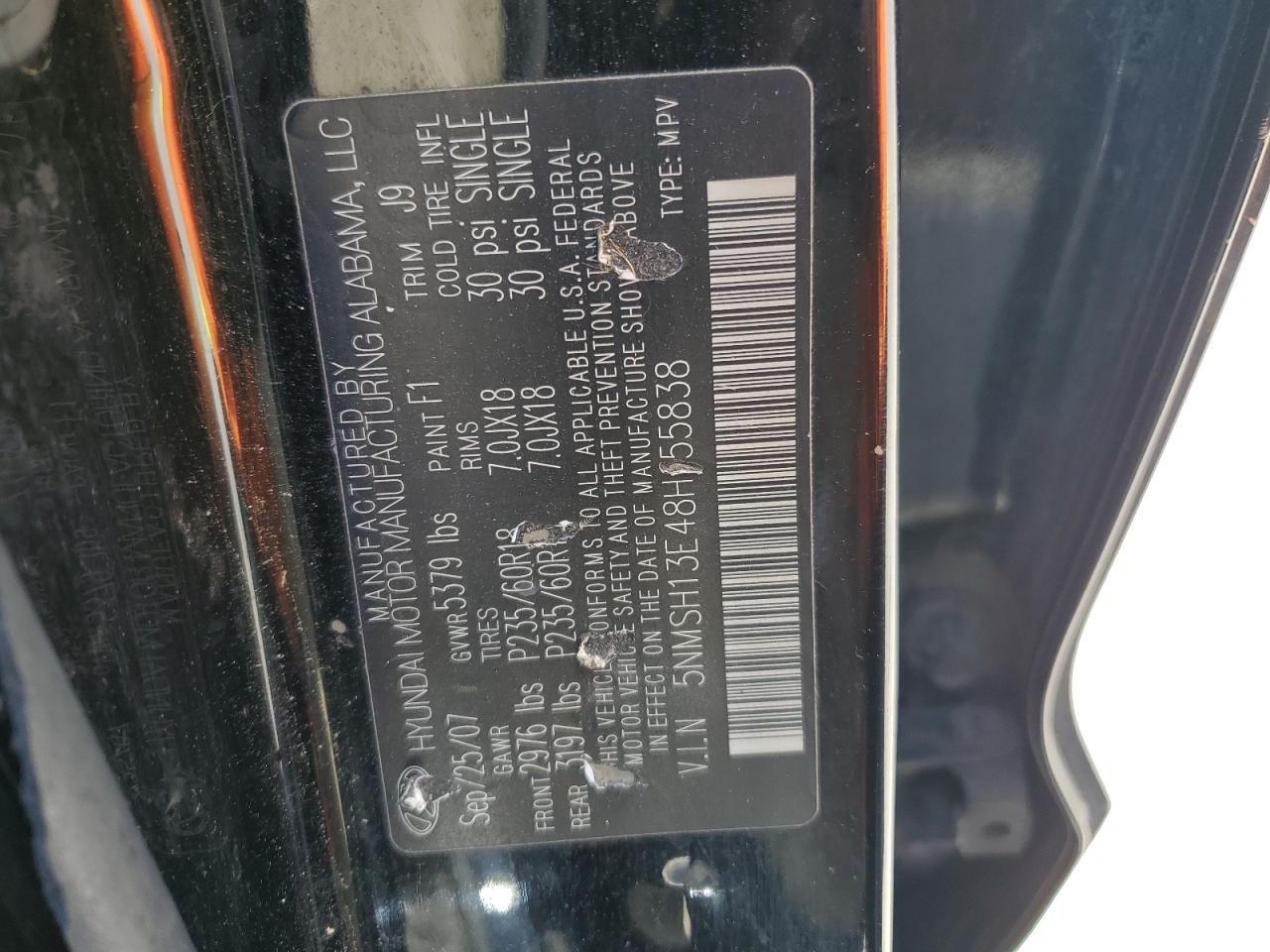 2008 Hyundai Santa Fe Se VIN: 5NMSH13E48H155838 Lot: 52472974