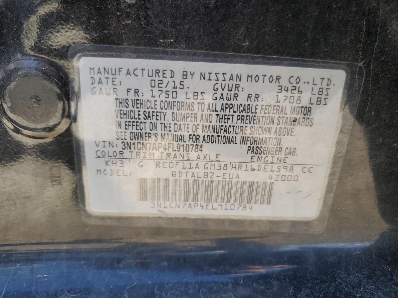 2015 Nissan Versa S VIN: 3N1CN7AP4FL910784 Lot: 51658494