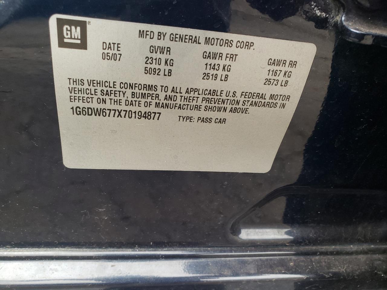 2007 Cadillac Sts VIN: 1G6DW677X70194877 Lot: 81604654