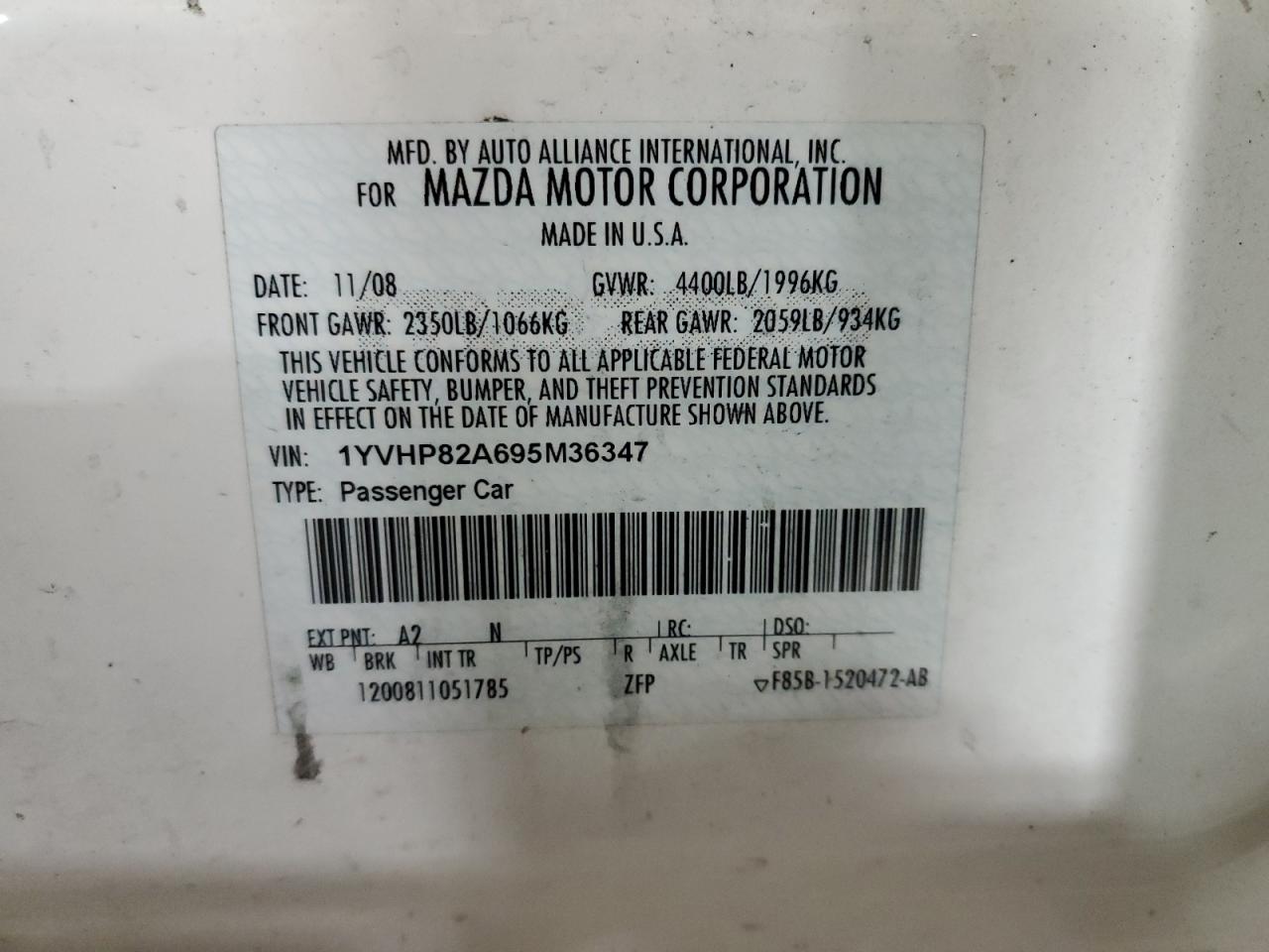 1YVHP82A695M36347 2009 Mazda 6 I