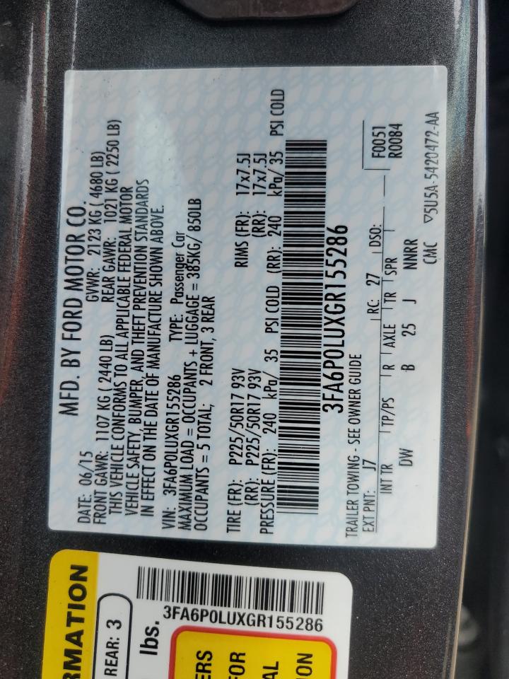 2016 Ford Fusion Se Hybrid VIN: 3FA6P0LUXGR155286 Lot: 52345514