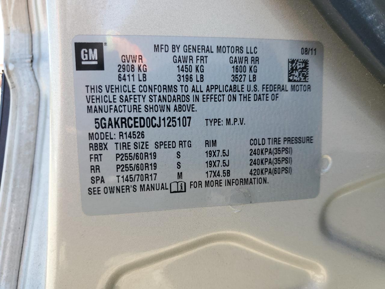 2012 Buick Enclave VIN: 5GAKRCED0CJ125107 Lot: 51553084