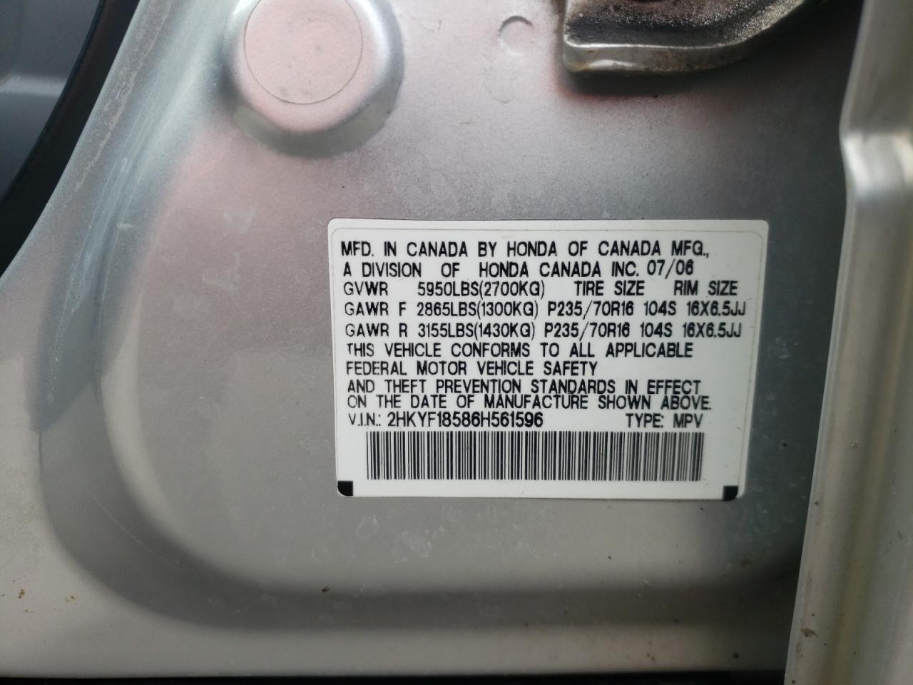 2006 Honda Pilot Ex VIN: 2HKYF18586H561596 Lot: 51215124