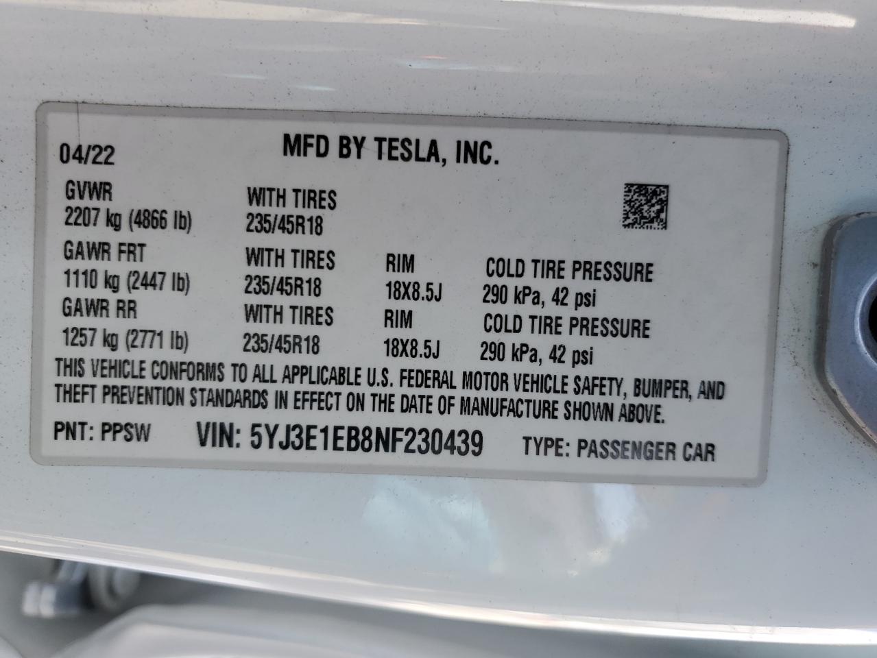 5YJ3E1EB8NF230439 2022 Tesla Model 3