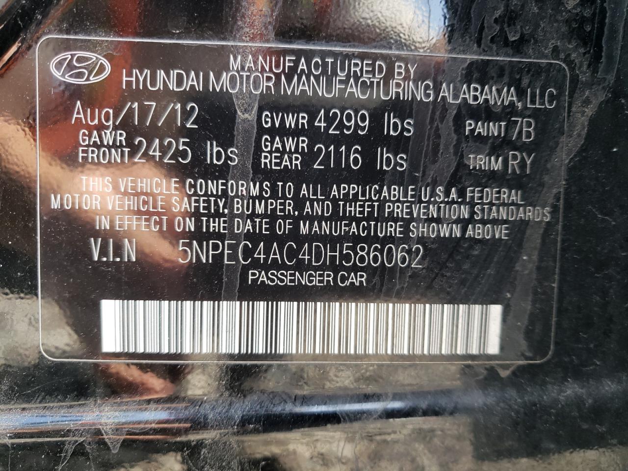 2013 Hyundai Sonata Se VIN: 5NPEC4AC4DH586062 Lot: 51268114