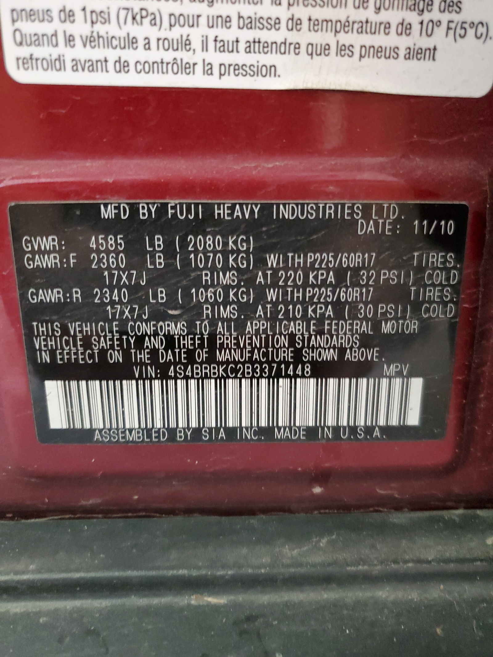 4S4BRBKC2B3371448 2011 Subaru Outback 2.5I Limited