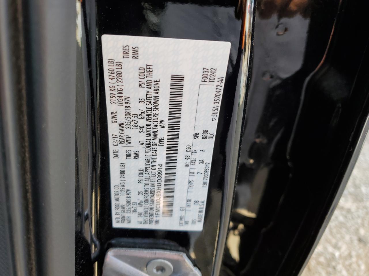 2017 Ford Escape Titanium VIN: 1FMCU0J9XHUD39914 Lot: 49910554