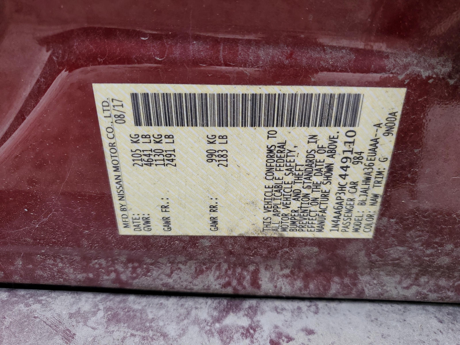 1N4AA6AP3HC449110 2017 Nissan Maxima 3.5S