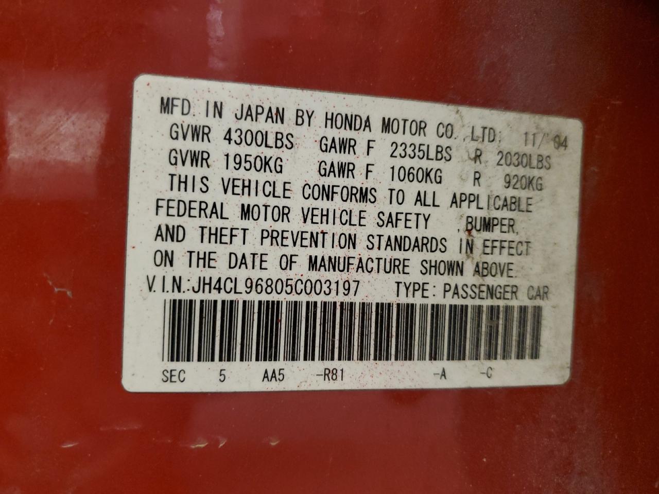 2005 Acura Tsx VIN: JH4CL96805C003197 Lot: 84853615