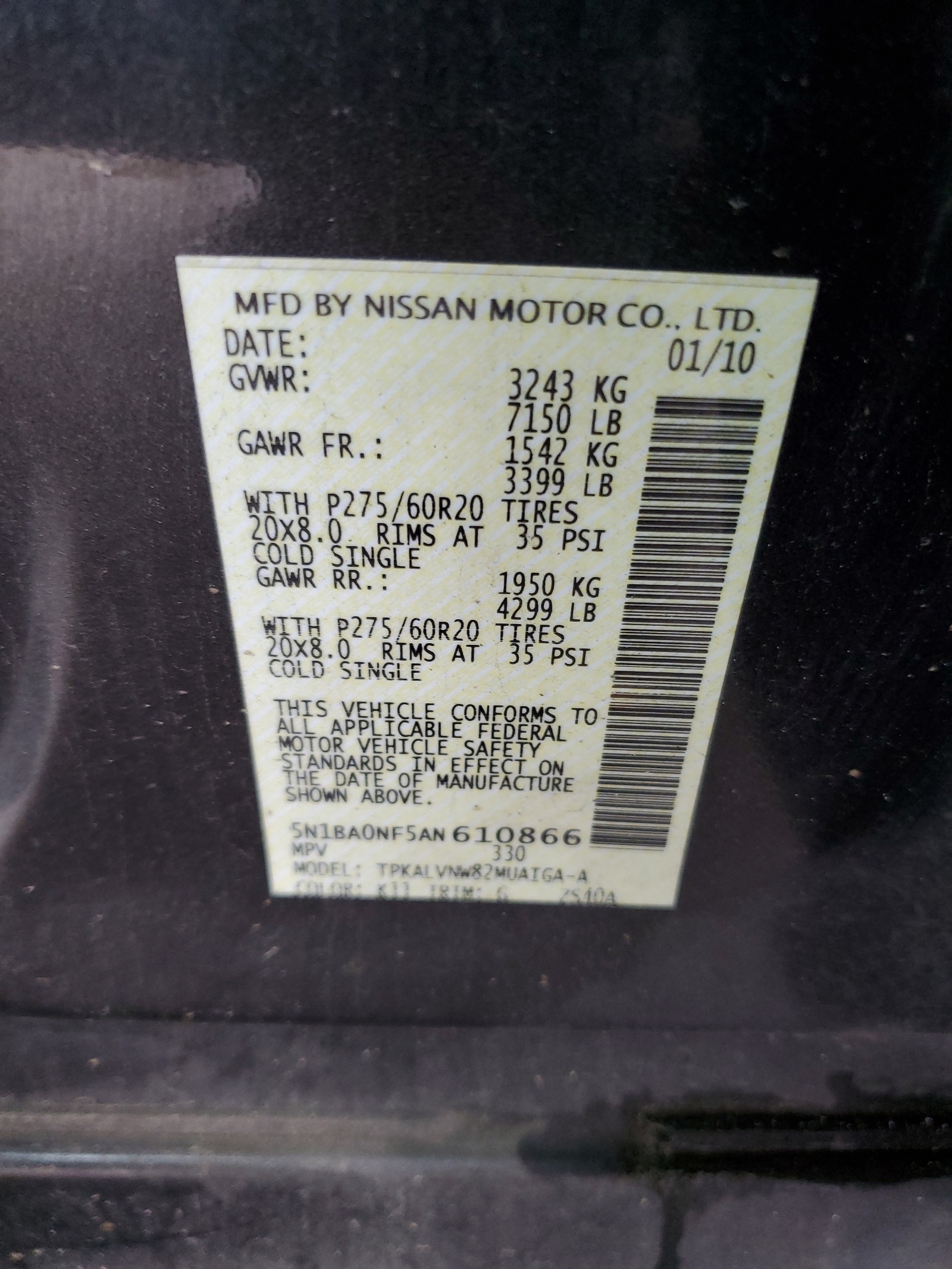 5N1BA0NF5AN610866 2010 Nissan Armada Platinum