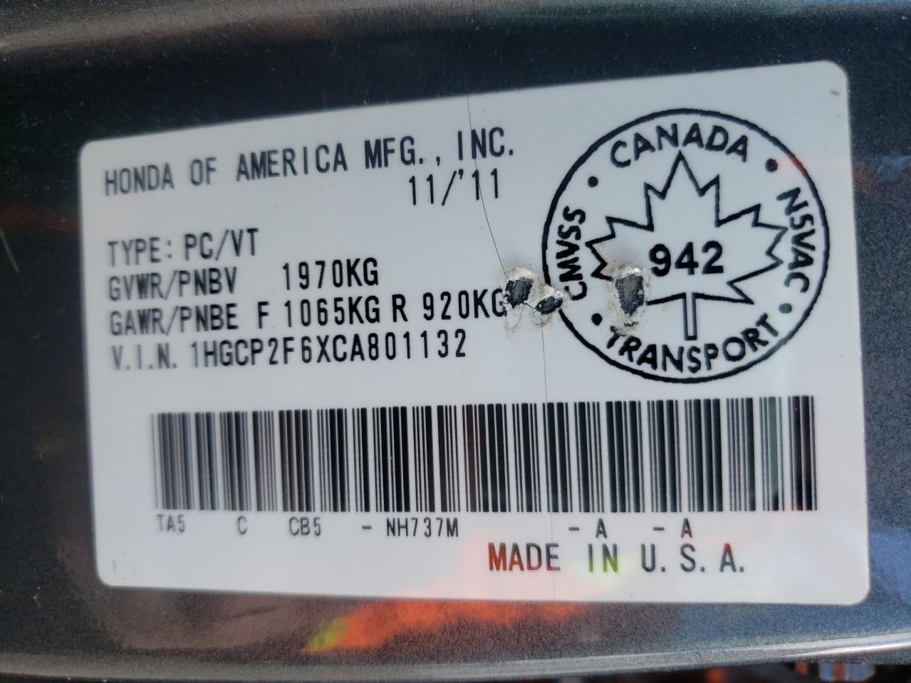 1HGCP2F6XCA801132 2012 Honda Accord Se