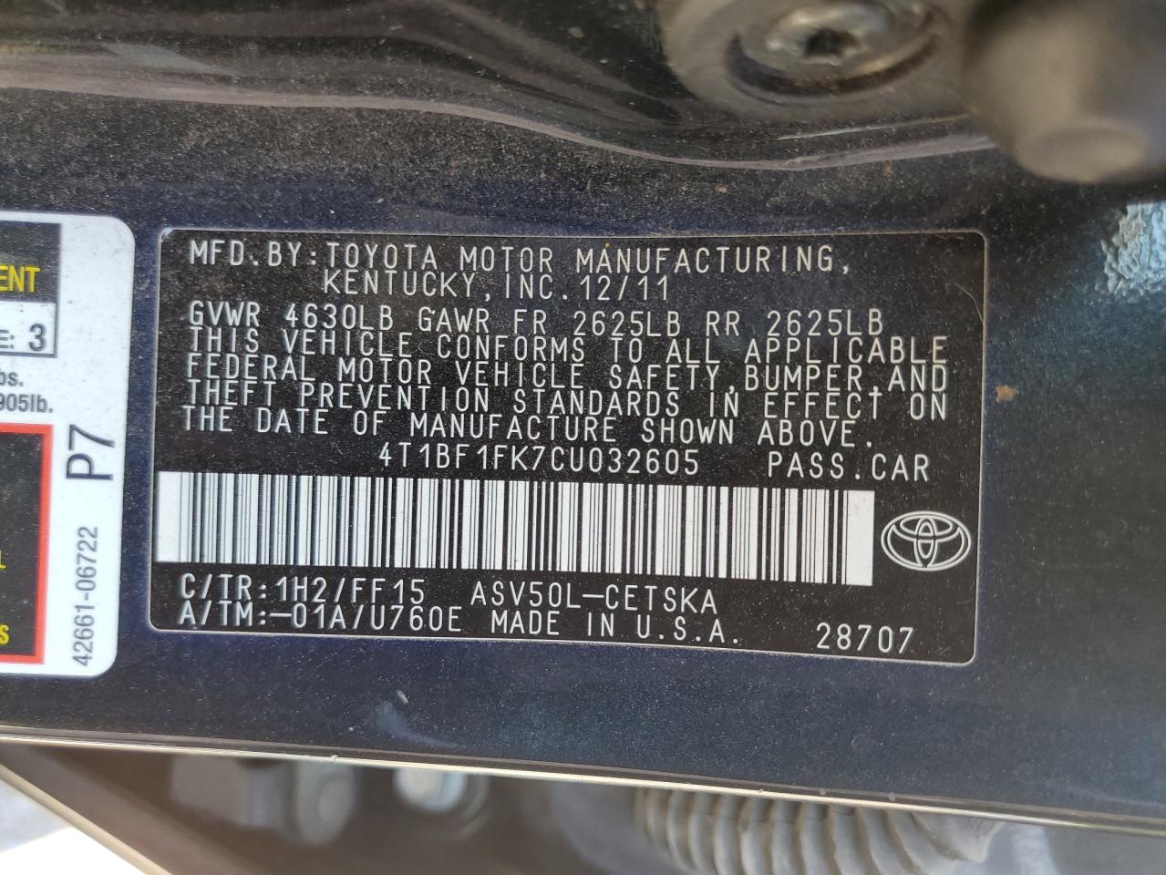 4T1BF1FK7CU032605 2012 Toyota Camry Base