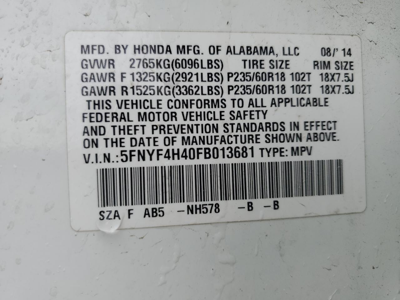 5FNYF4H40FB013681 2015 Honda Pilot Ex