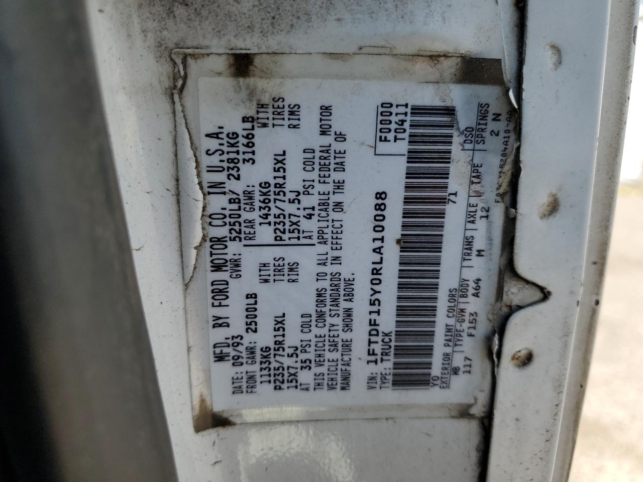 1994 Ford F150 VIN: 1FTDF15Y0RLA10088 Lot: 51285994