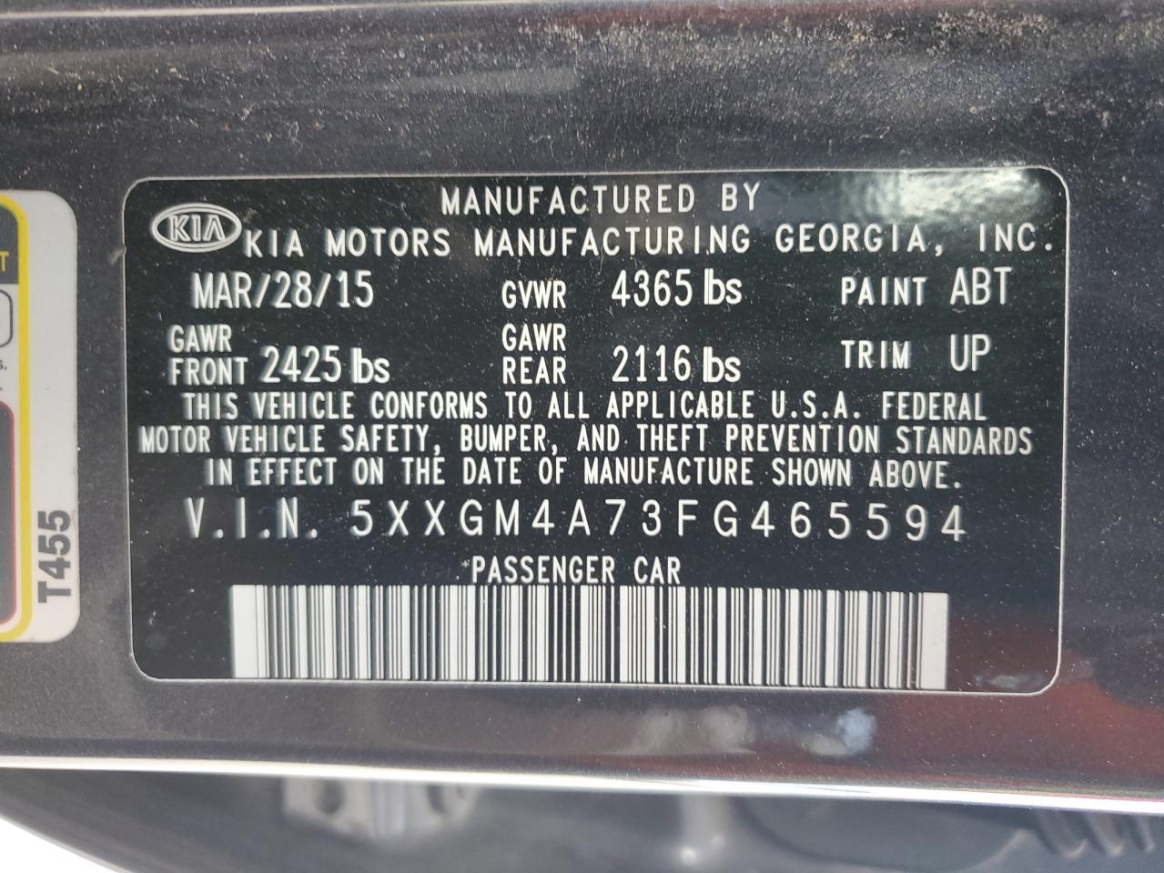 5XXGM4A73FG465594 2015 Kia Optima Lx