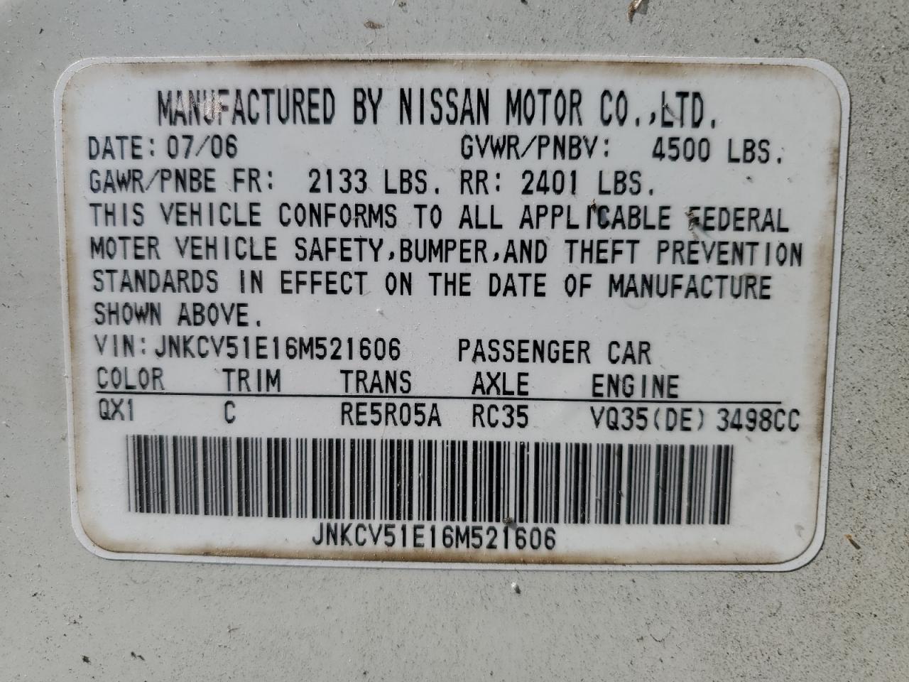 2006 Infiniti G35 VIN: JNKCV51E16M521606 Lot: 84659434