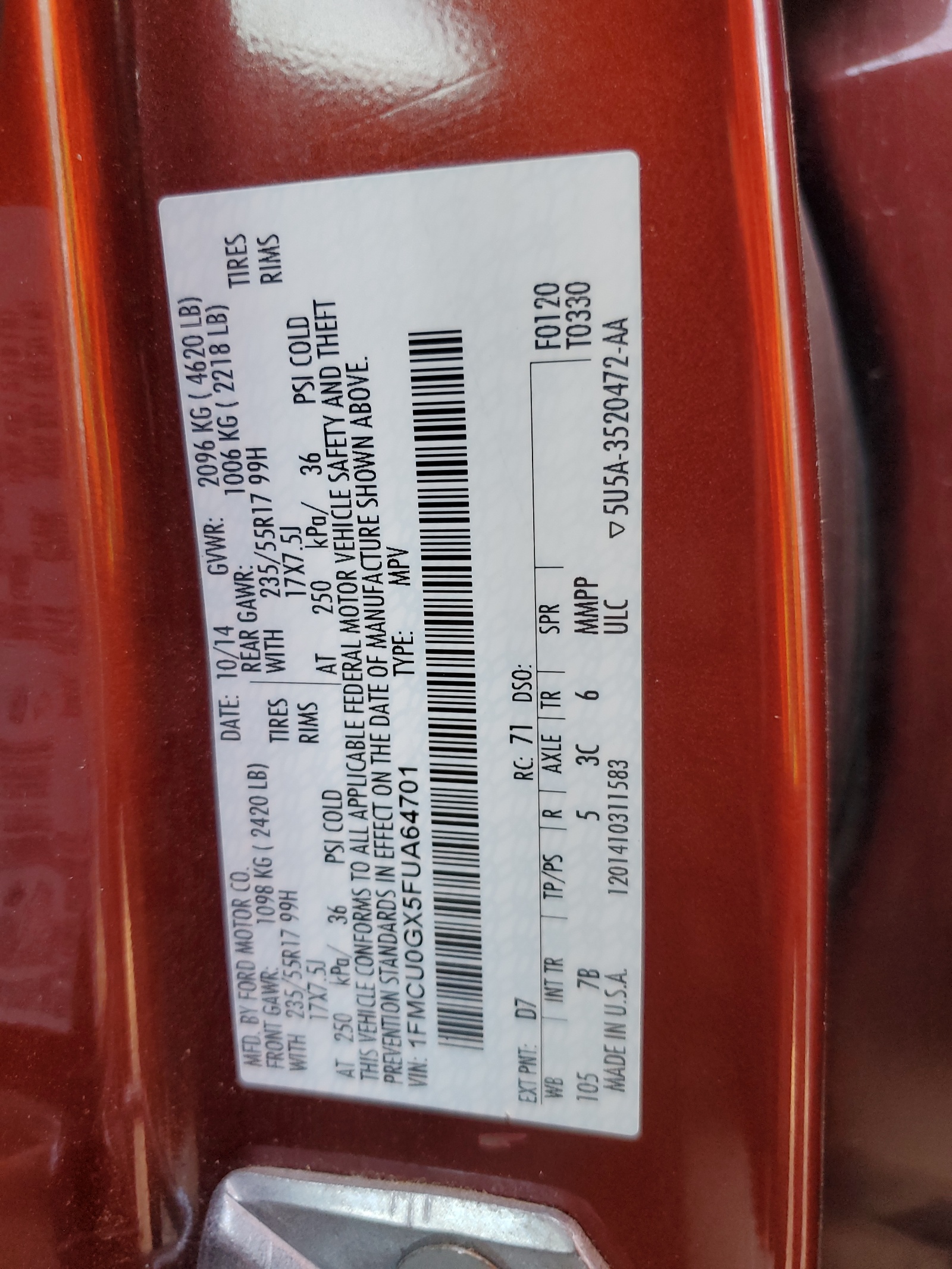 1FMCU0GX5FUA64701 2015 Ford Escape Se