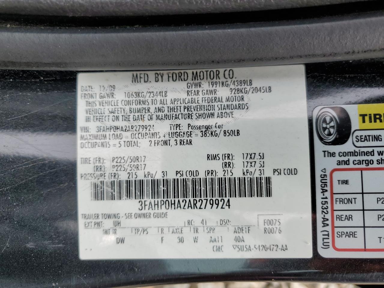 2010 Ford Fusion Se VIN: 3FAHP0HA2AR279924 Lot: 52746034