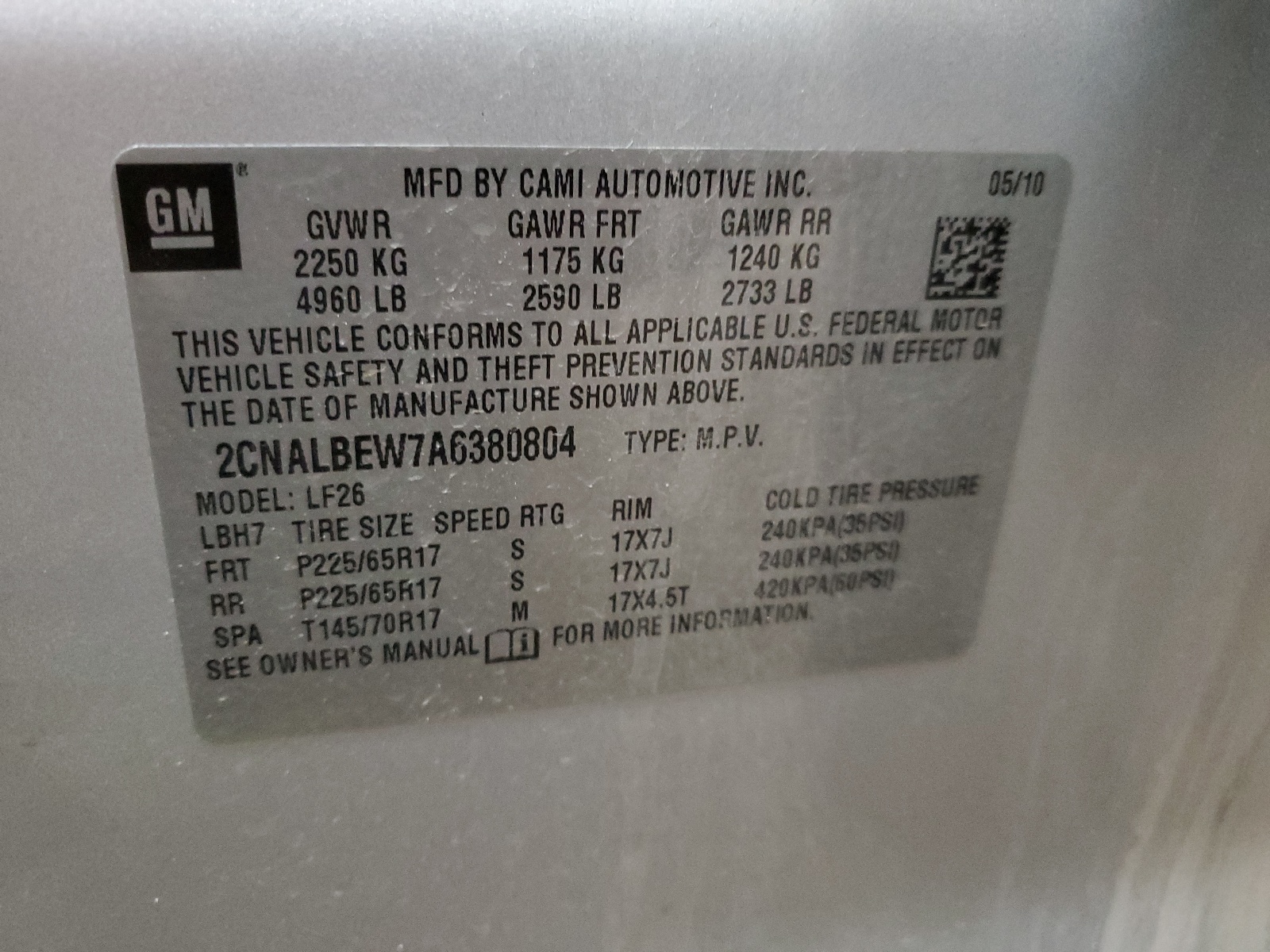 2CNALBEW7A6380804 2010 Chevrolet Equinox Ls