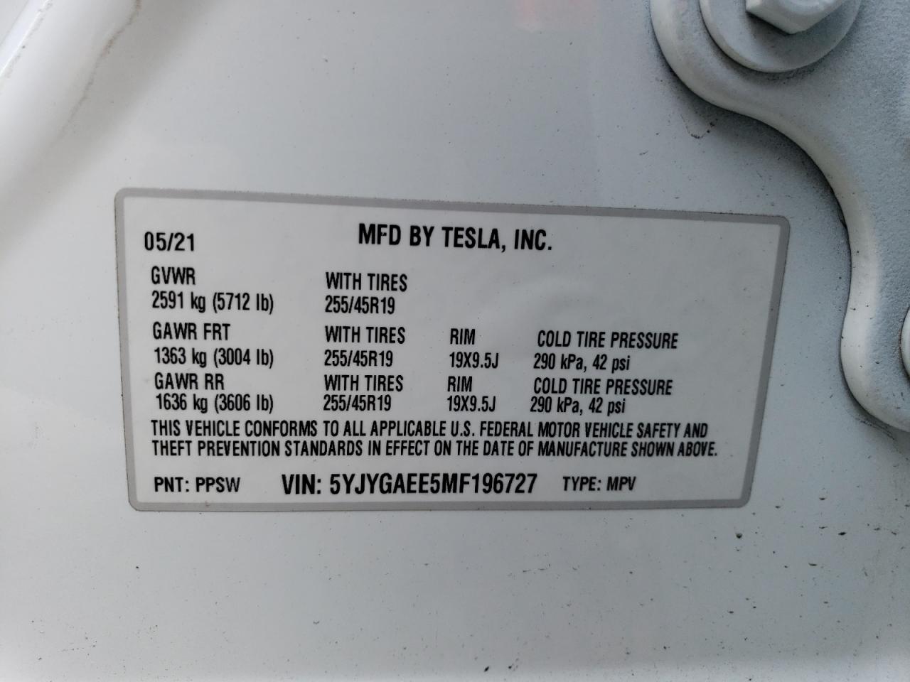 5YJYGAEE5MF196727 2021 Tesla Model Y