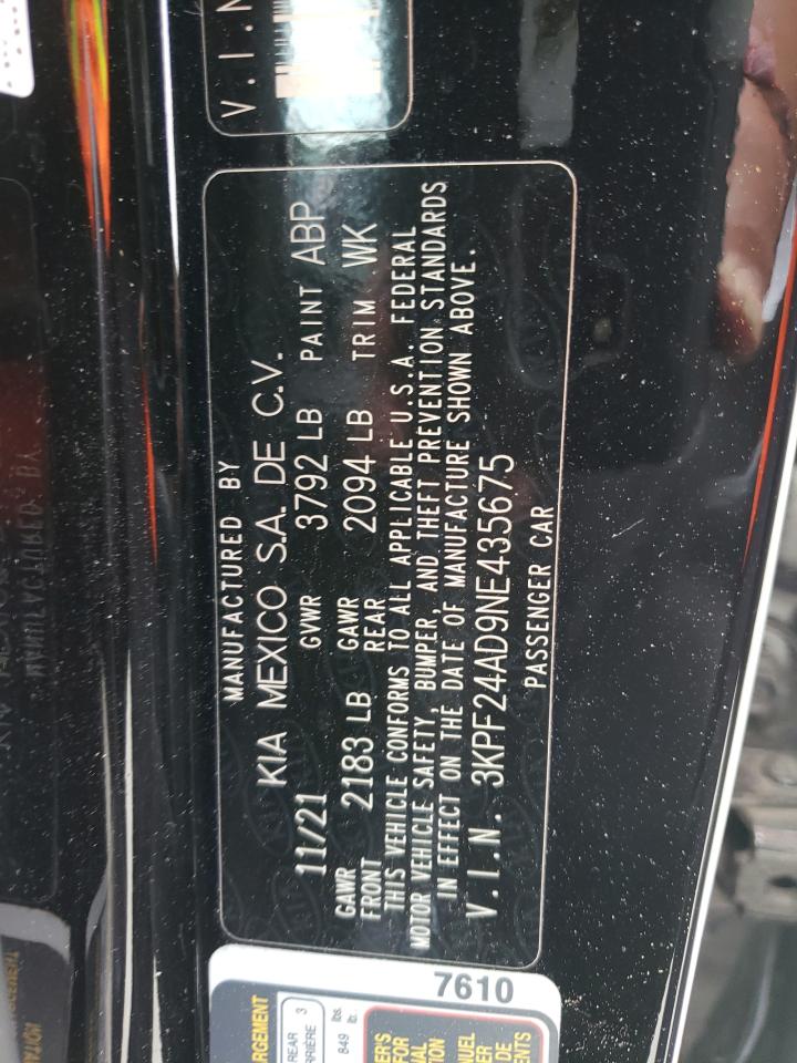 2022 Kia Forte Fe VIN: 3KPF24AD9NE435675 Lot: 51458684