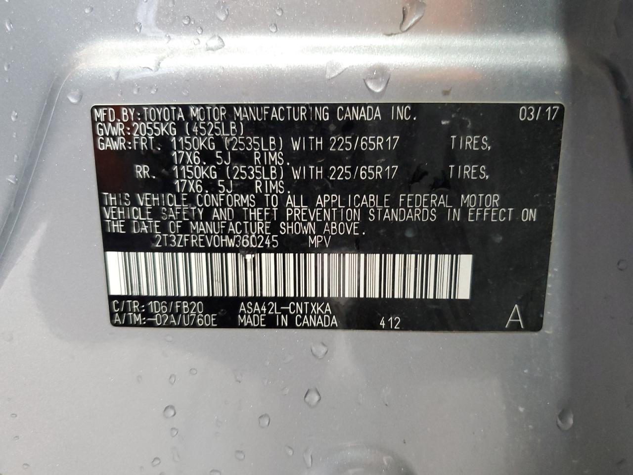 2017 Toyota Rav4 Le VIN: 2T3ZFREV0HW360245 Lot: 50159664