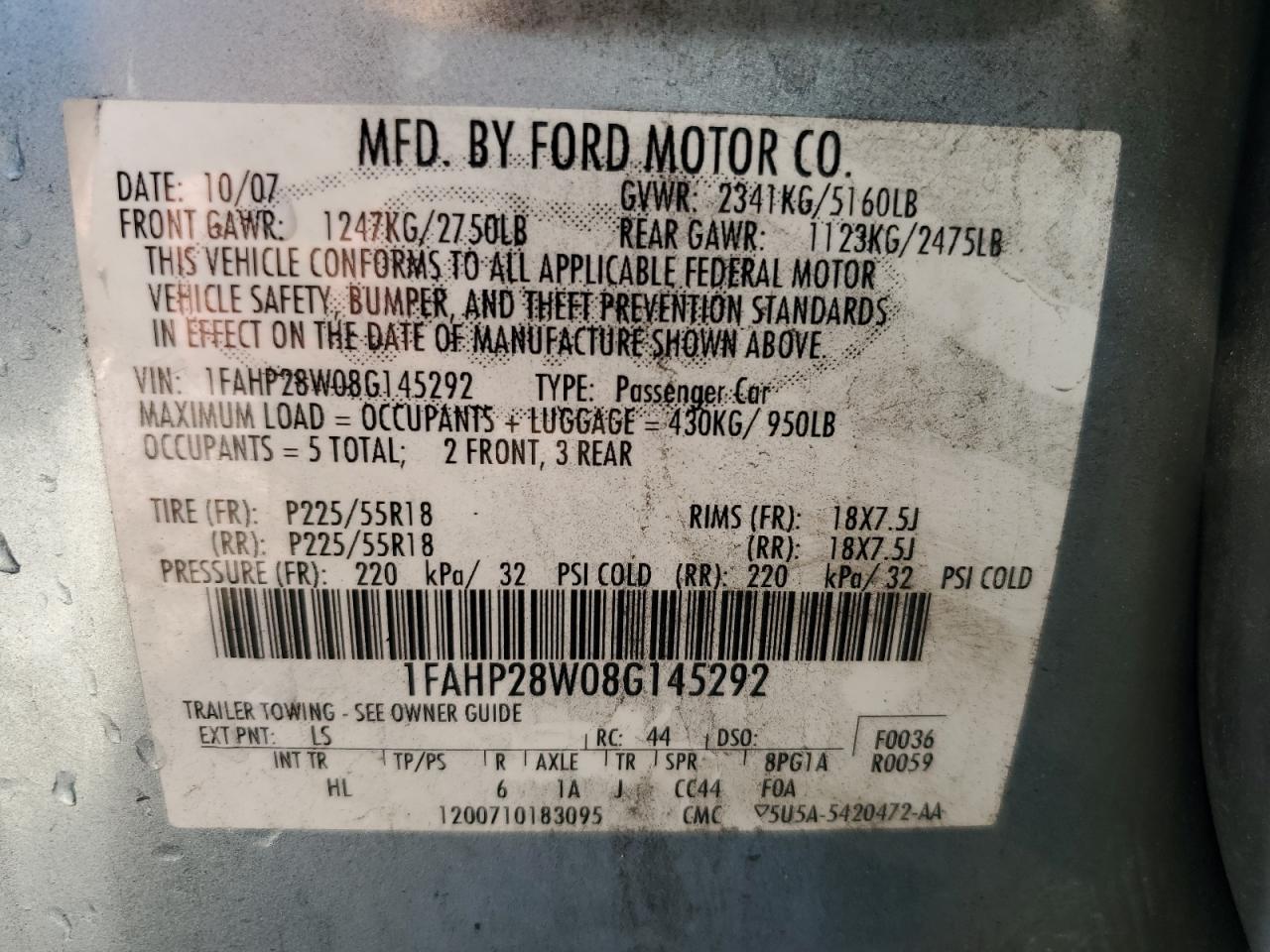 1FAHP28W08G145292 2008 Ford Taurus Limited