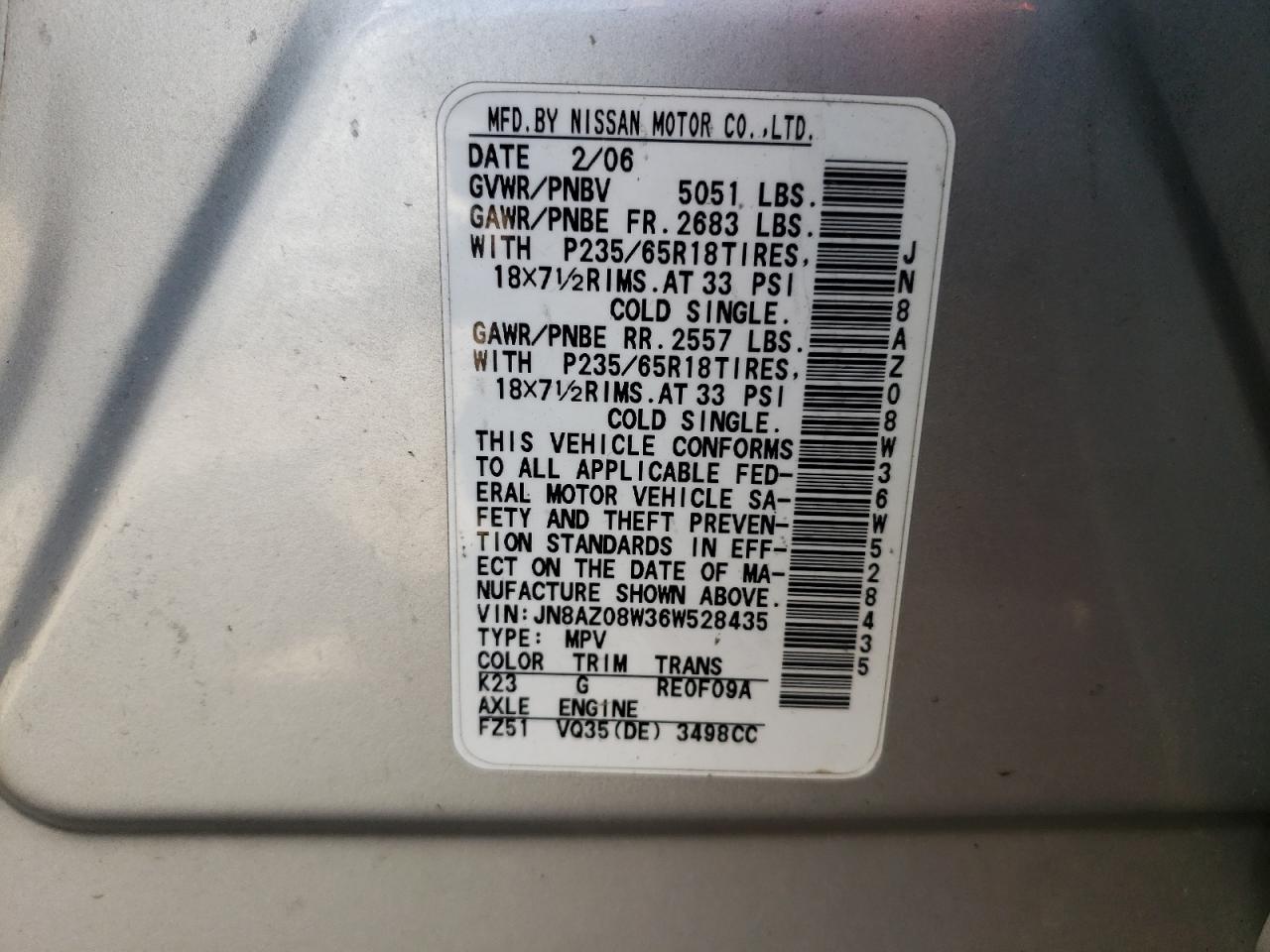 JN8AZ08W36W528435 2006 Nissan Murano Sl