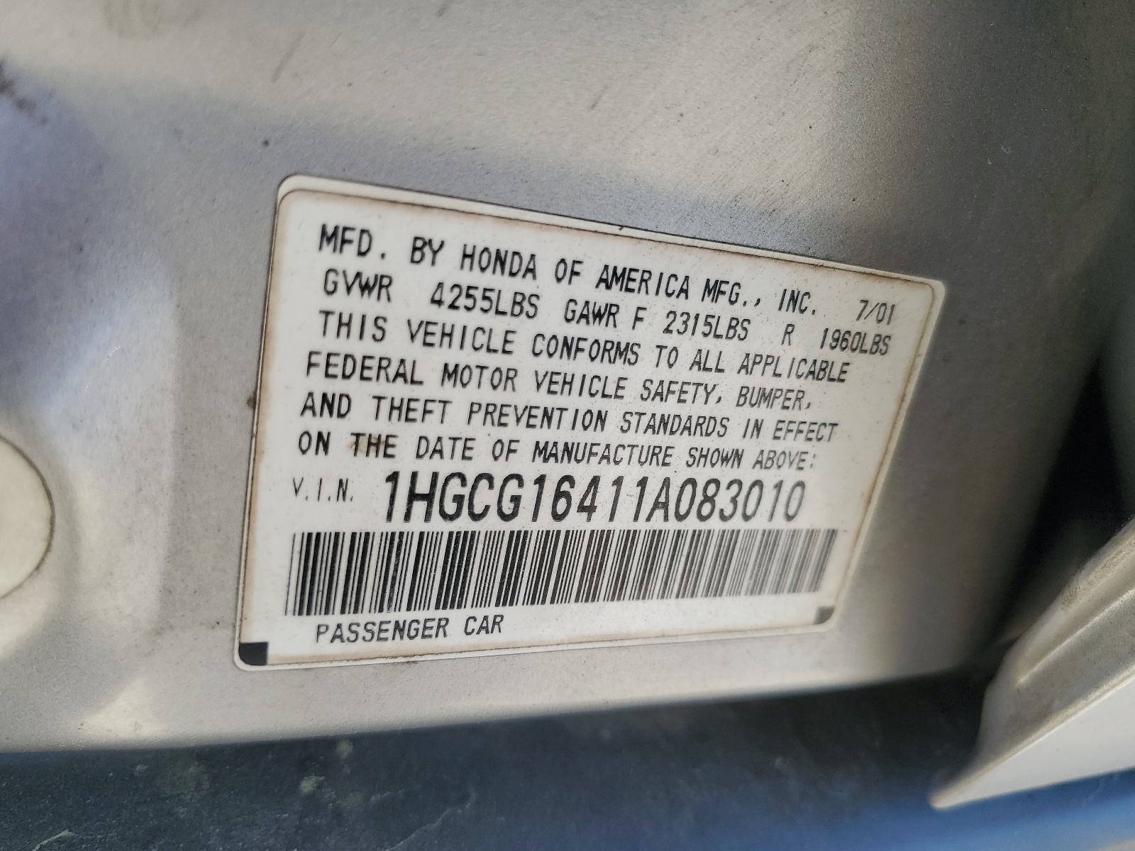 1HGCG16411A083010 2001 Honda Accord Lx