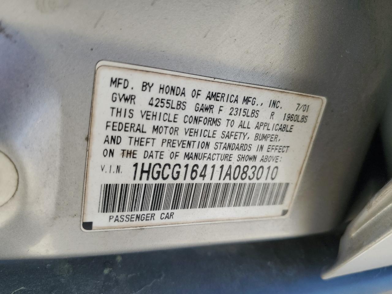 2001 Honda Accord Lx VIN: 1HGCG16411A083010 Lot: 51629764