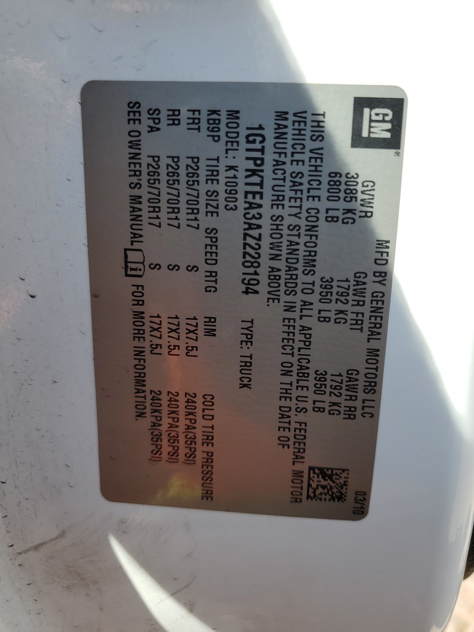 1GTPKTEA3AZ228194 2010 GMC Sierra K1500