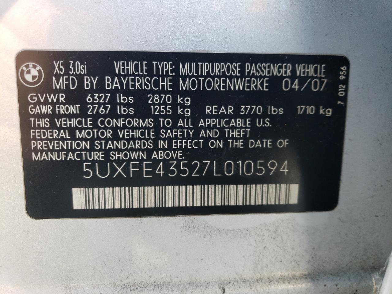 2007 BMW X5 3.0I VIN: 5UXFE43527L010594 Lot: 50515214