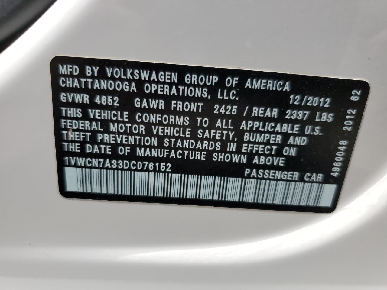 2013 Volkswagen Passat Sel VIN: 1VWCN7A33DC076152 Lot: 50340704