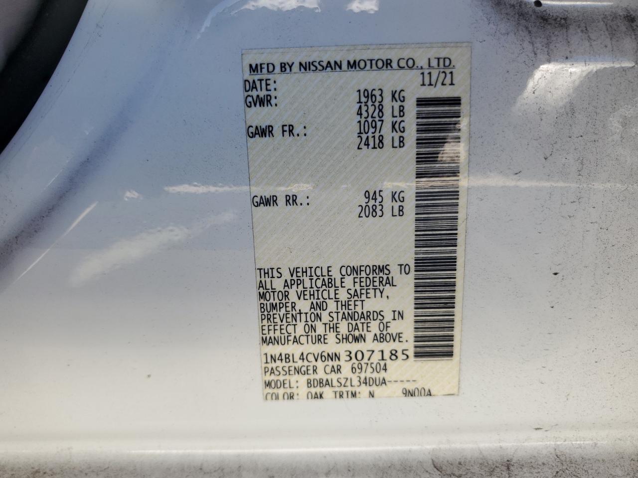 1N4BL4CV6NN307185 2022 Nissan Altima Sr