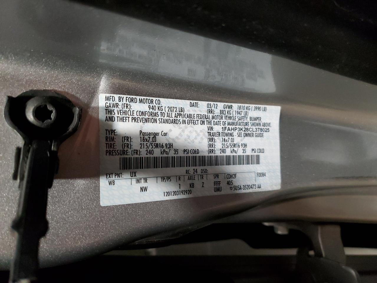 2012 Ford Focus Se VIN: 1FAHP3K28CL378025 Lot: 50029914