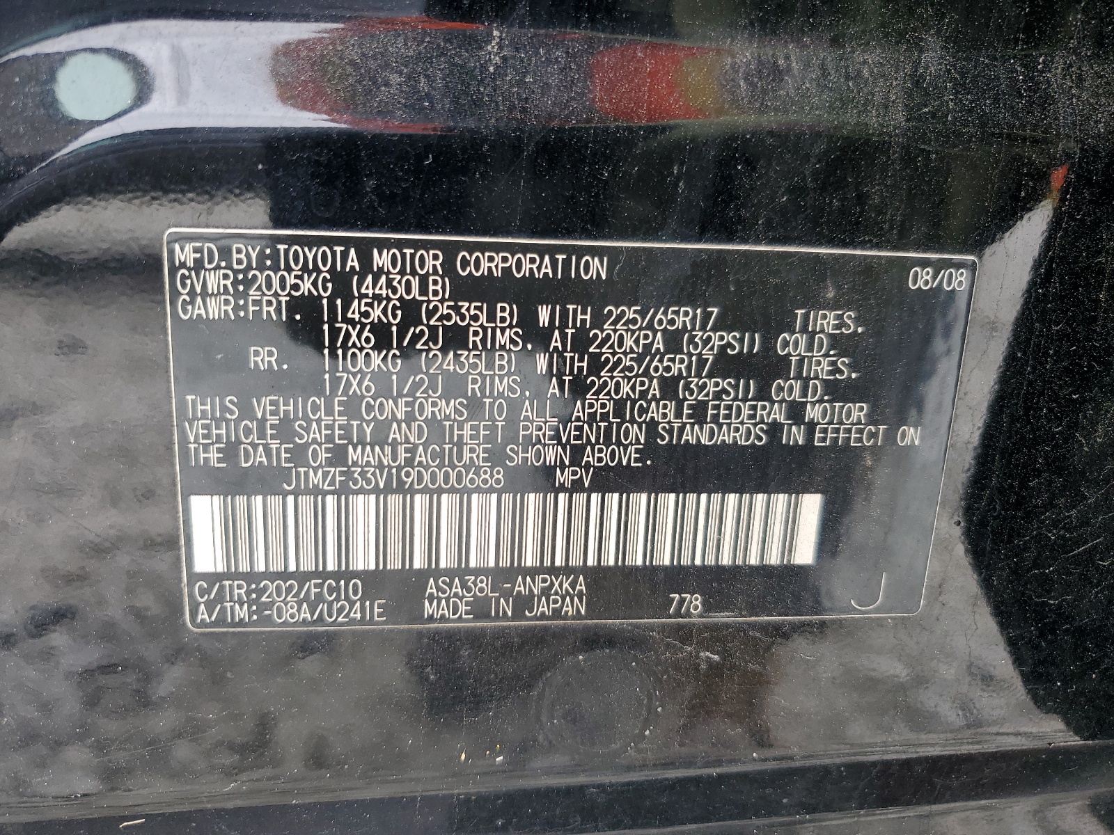JTMZF33V19D000688 2009 Toyota Rav4