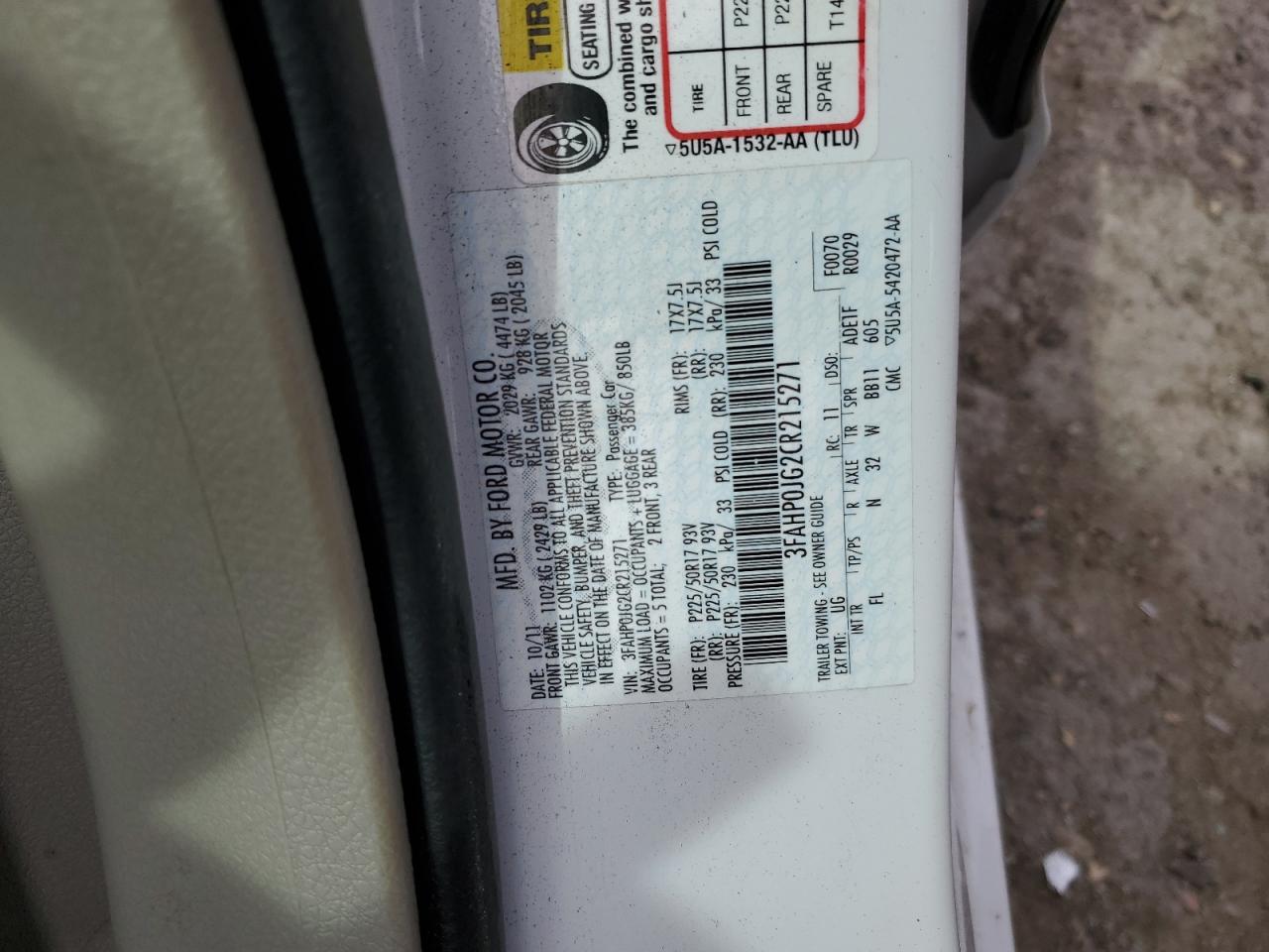 2012 Ford Fusion Sel VIN: 3FAHP0JG2CR215271 Lot: 50358344