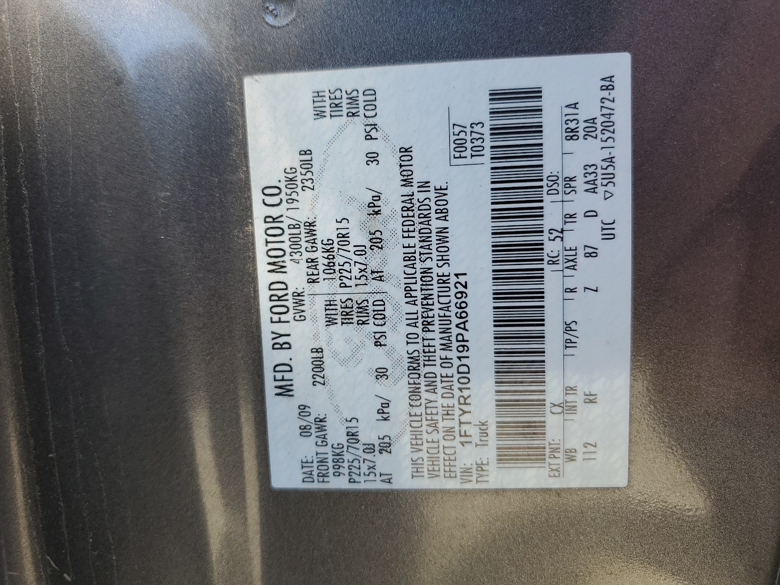 1FTYR10D19PA66921 2009 Ford Ranger