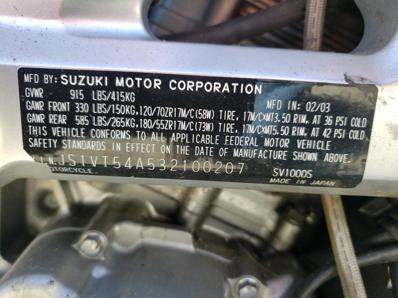 JS1VT54A532100207 2003 Suzuki Sv1000 Sk3