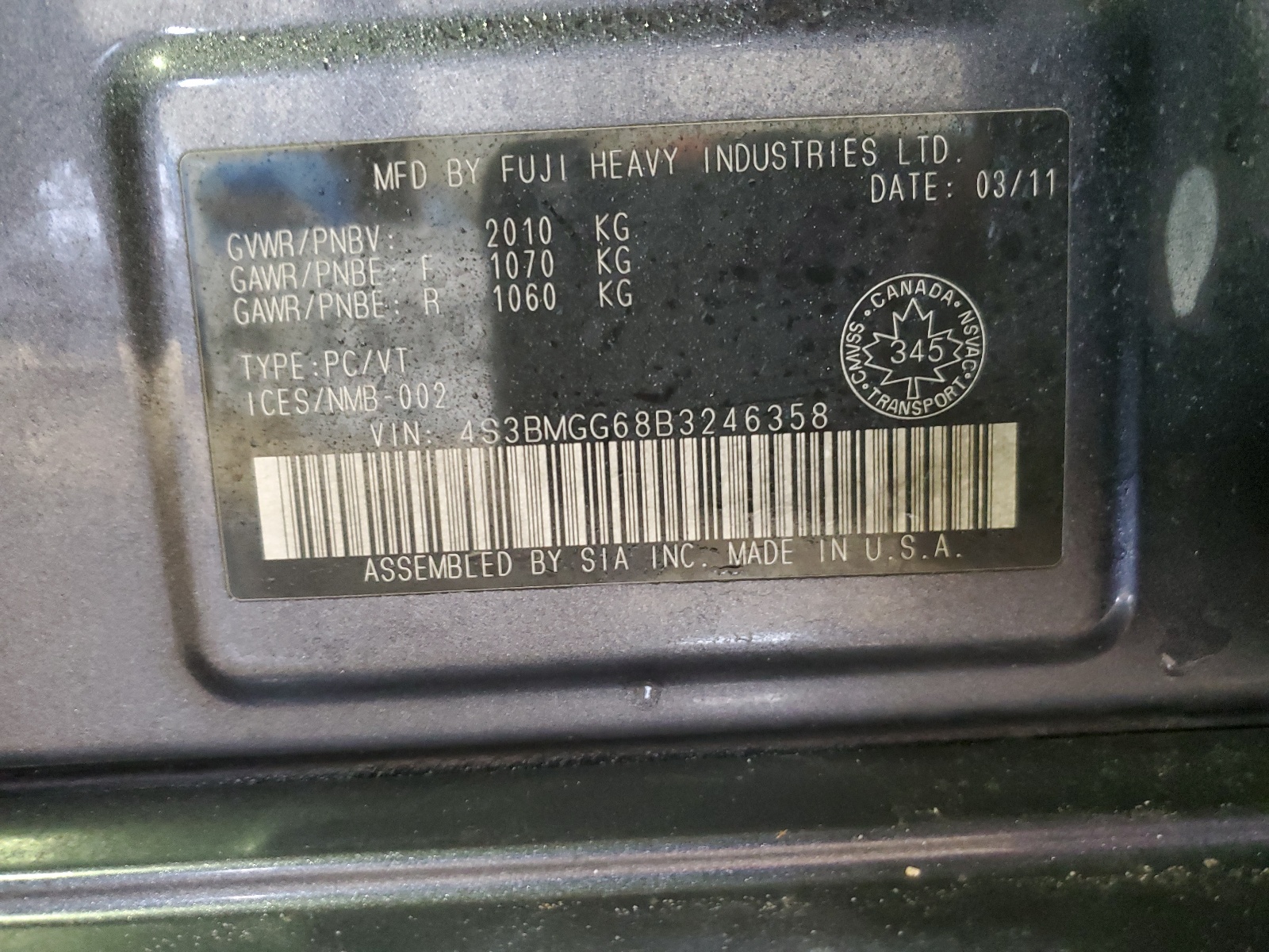 4S3BMGG68B3246358 2011 Subaru Legacy 2.5I Premium