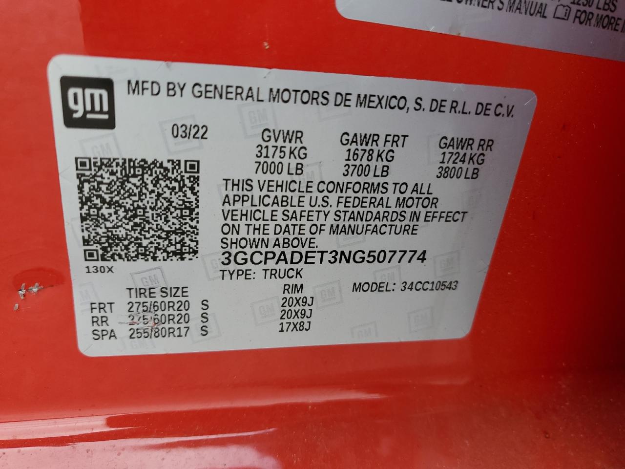 2022 Chevrolet Silverado C1500 Rst VIN: 3GCPADET3NG507774 Lot: 52644584