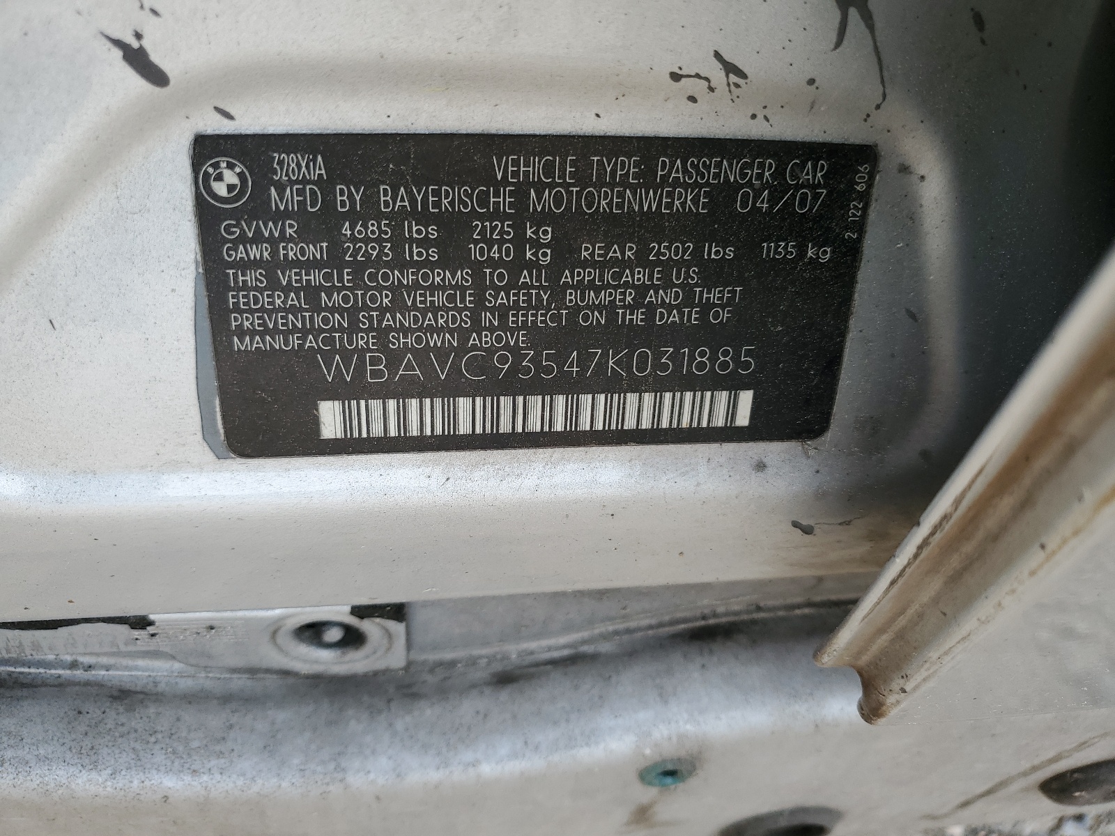 WBAVC93547K031885 2007 BMW 328 Xi