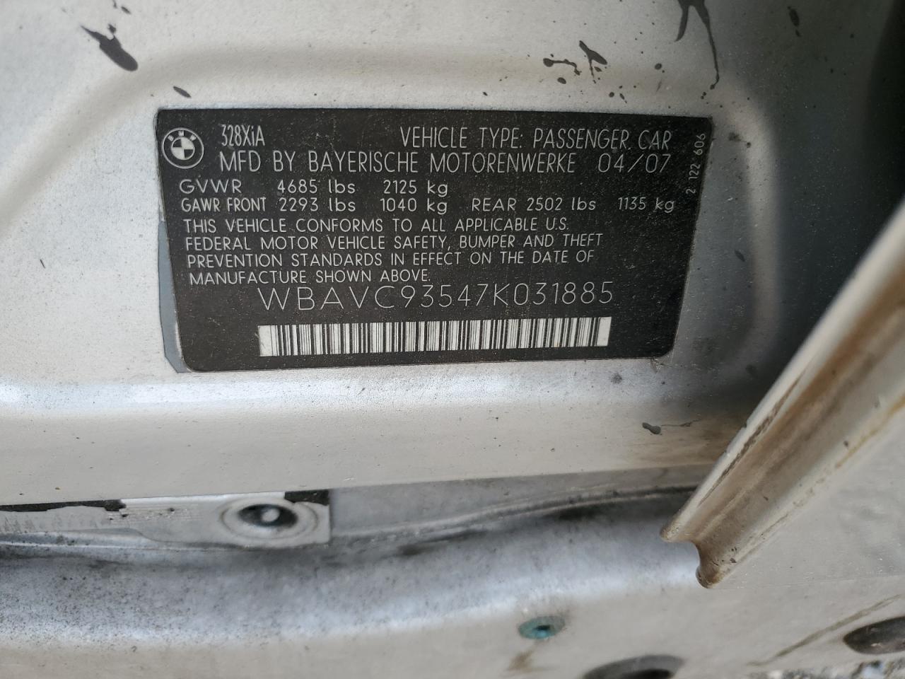 2007 BMW 328 Xi VIN: WBAVC93547K031885 Lot: 58349044