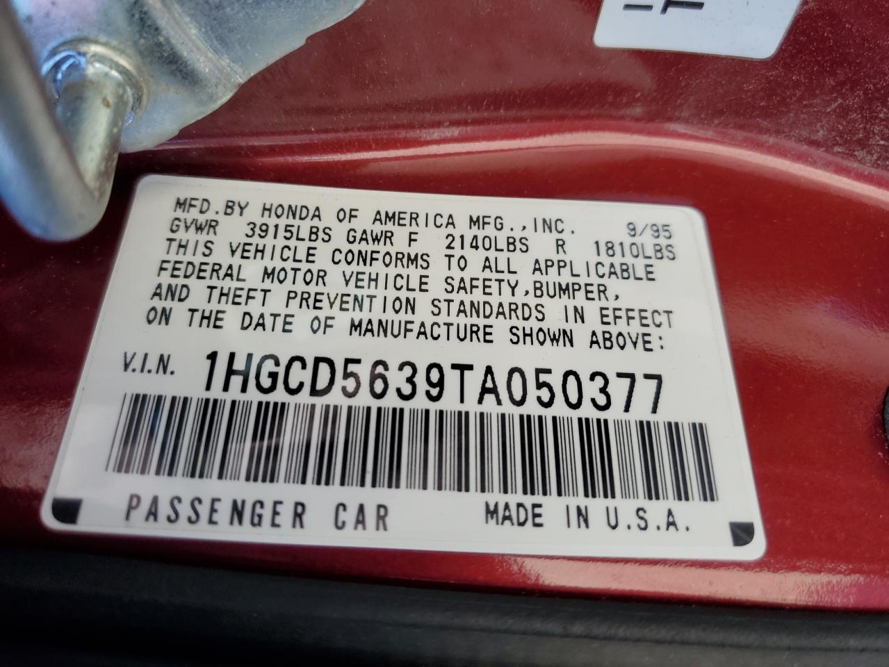 1996 Honda Accord Lx VIN: 1HGCD5639TA050377 Lot: 49387724