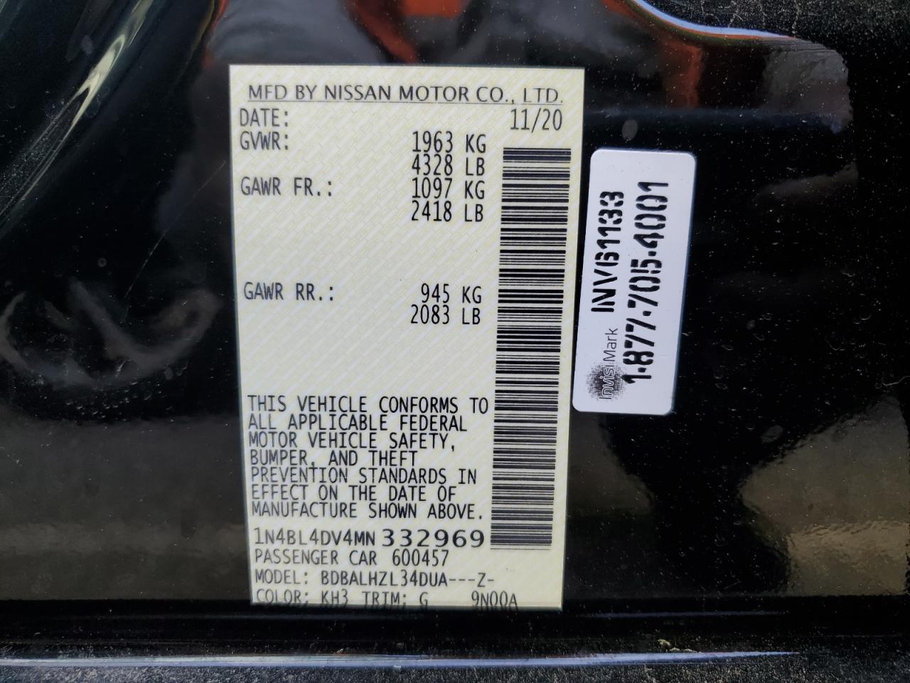 1N4BL4DV4MN332969 2021 Nissan Altima Sv