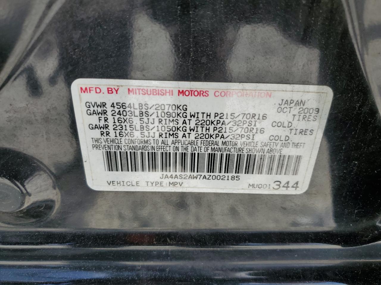 2010 Mitsubishi Outlander Es VIN: JA4AS2AW7AZ002185 Lot: 50904054