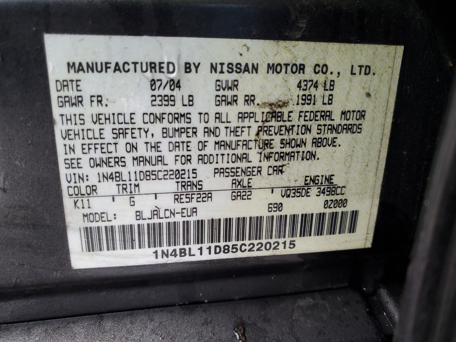 1N4BL11D85C220215 2005 Nissan Altima Se