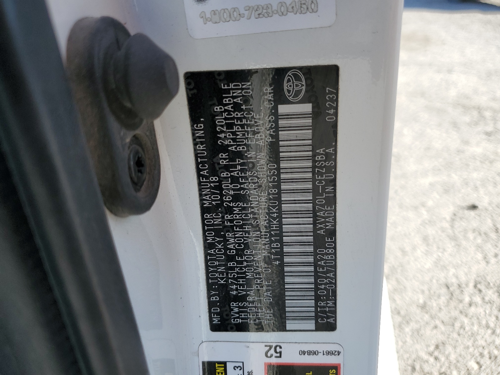 4T1B11HK4KU181550 2019 Toyota Camry L