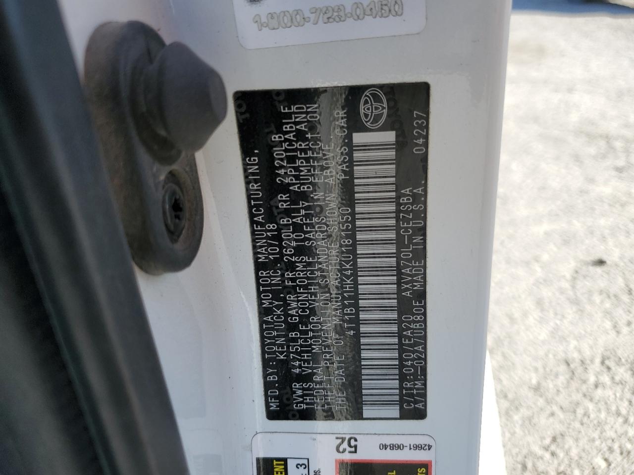 2019 Toyota Camry L VIN: 4T1B11HK4KU181550 Lot: 51661604